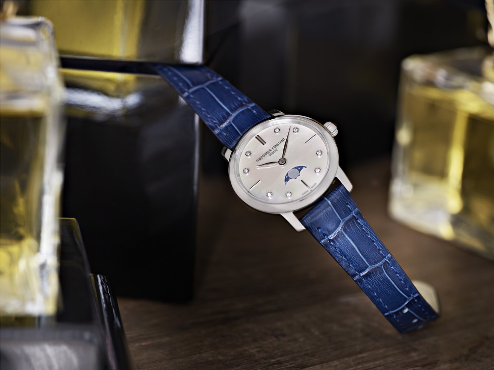 Frederique Constant - Slimline Moonphase, Boîtier Acier, Bracelet Cuir Bleu 