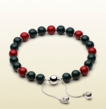 Bracelet Argent Gucci Perles Bois Rouge et Vertes